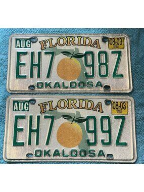 2 Florida License Plate Old Orange Graphic 2003 EH7 98Z and 99Z His Her Tags